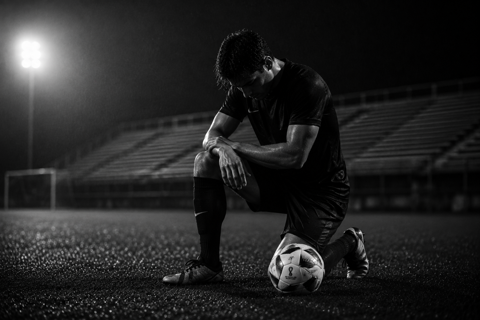 Athlete kneeling on a rain-soaked field under stadium lights
