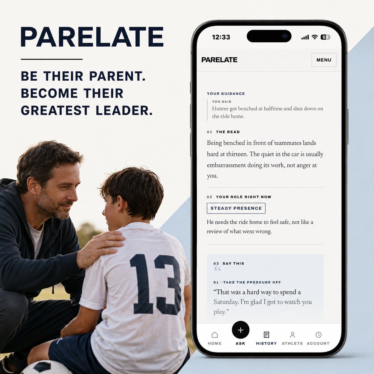 Parelate app preview showing personalized guidance for sports parents on a smartphone