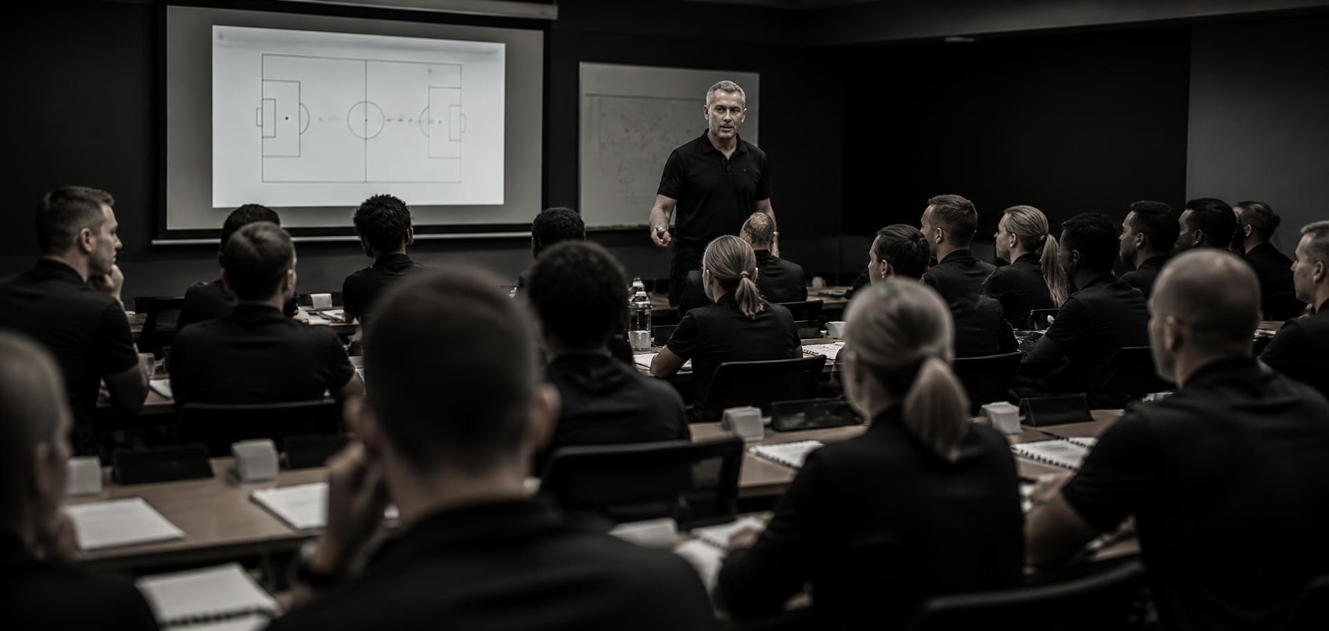 An officiating leader facilitating a workshop for a room of adult officials at training tables